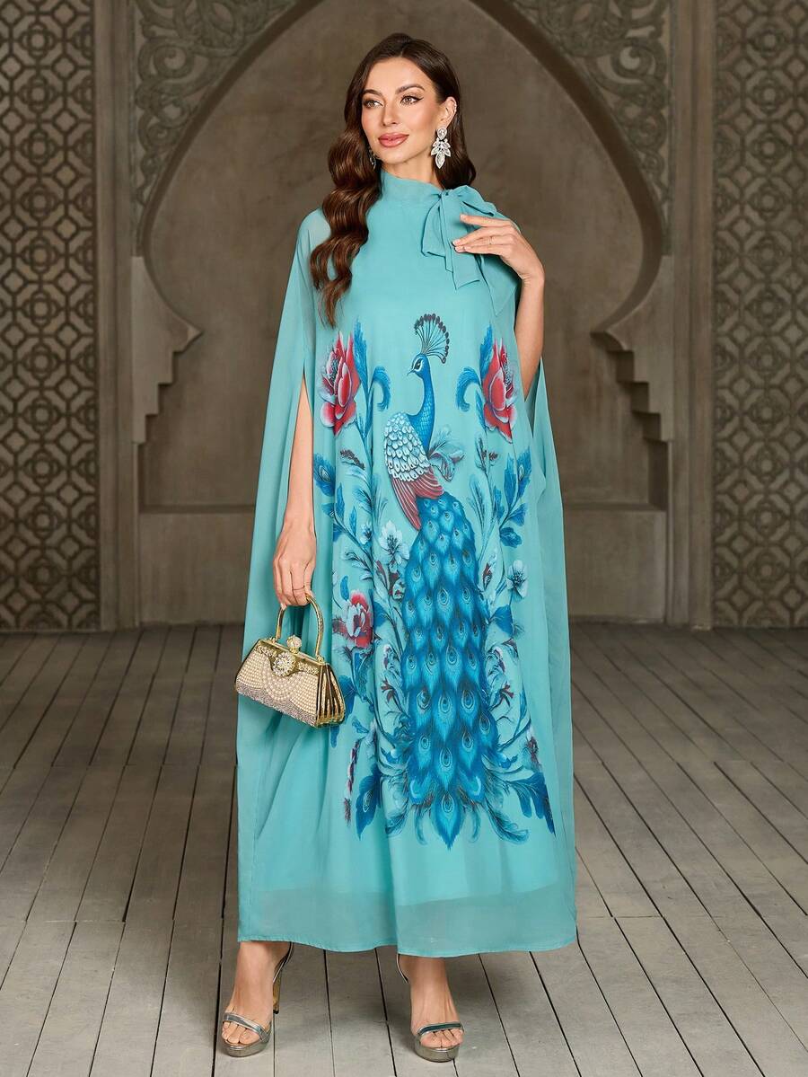 Women's Tie Neck Peacock Print Abaya Robe, Elegant Random Print - Green - View 1