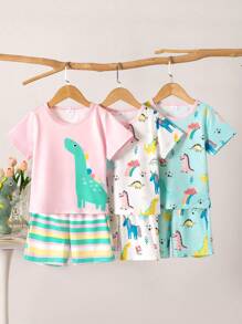 BrownBark 6 قطع/مجموعة ملابس كاجوال للبنات، ملابس علوية بطبعة ديناصور+توب أكمام قصيرة+شورت كاجوال، ملابس منزلية مريحة للأطفال