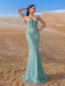 Faeriesty Haute Glamour Elegant Spaghetti Straps Beaded Sequin Mermaid Evening Gown Elegant Formal Dress For Spring Summer Fall - Red Carpet, Wedding Reception, Gala, Black Tie Event, Celebrity Party - màu xanh lá - Xem 6