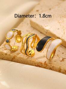 3 件套时尚不对称黑白双色不锈钢戒指套装，时尚设计适合女性日常佩戴 - 彩色 - 查看 11