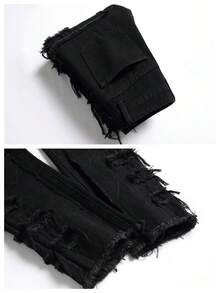 Tween Boys Stacked Distressed Jeans,Casual Fashion Slim Fit Comfortable Denim Pants,Black Fringed Patchwork Frayed Hem  Jeans For Kids,Style Hip-Hop Skateboard Pants,To 8-16 Year Old Size,Perfect For Outdoor - 黑色 - 查看 8