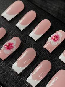 10Pcs French Hand-Pressed Nails, Medium-Length, Square, Simple Style, White French Fingertips, Pink Base Color, 3D Hand-Pinched Flowers, Suitable For Girls' Daily, Party, Holiday Decoration, Removable And Reusable, With Jelly Glue And Nail File Nail Supplies Nails - Multicolor - View 3