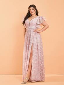 Plus Size V-Neck Embroidered Lace Ruffle Sleeve Front Slit High-End Evening Dress (Non Positioned Flower), Bridesmaid Dress - Dusty Pink - View 3
