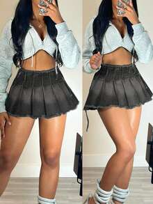 Y2K学院风水洗毛边褶皱蝴蝶结侧边牛仔迷你裹身裙休闲黑色夏季 - 黑色 - 查看 1