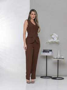 Plain Elegant Vest And Dress Pants Set C3302 - 巧克力棕 - 查看 1