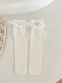 Kids' Lace Ribbon Bow Mesh Breathable Socks, Lace Trim Mid-Calf Socks, Polyester, All Season - Multicolor - View 14