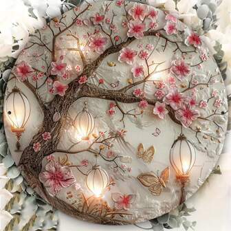 8x8英寸复古铝制墙饰，樱花与灯笼夜景，防水防锈，适用于家居、咖啡厅、花园装饰，室内/室外皆可使用，房间装饰，顶部/底部/左侧/右侧随机开孔