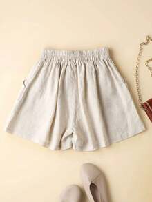 Plus Size Women's Casual Summer Linen Drawstring Waist Shorts With Pockets - Apricot - View 2
