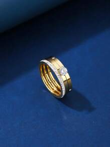 Conjunto de 3 anéis de aço inoxidável com zircônia cúbica, banhados a ouro 18K, hipoalergênicos, estilo elegante, adequados para uso diário e festas femininas, presente