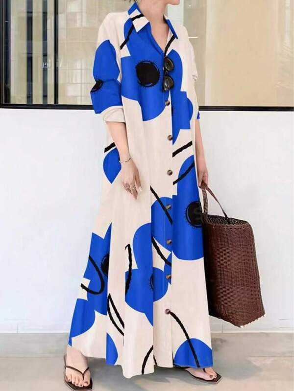 Women's Long Sleeve Midi Shirt Dress, Fashionable For Summer