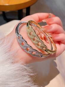 1pc Fashion Luxurious Cubic Zirconia Hollow Circle Design Copper Bangle Bracelet, High-End Jewelry Gift For Women, Wedding/Gala - Fashion Bracelets - View 2