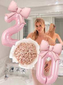 2pcs Matte Pink Bow Balloon Set, 40-Inch Pink Number Balloon For Birthday Party, Anniversary Decoration - Multicolor - View 2