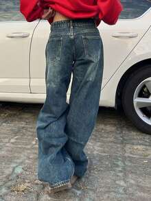 街头性感低腰宽松破洞直筒牛仔裤女式休闲牛仔长裤 - 深色水洗藍 - 查看 2