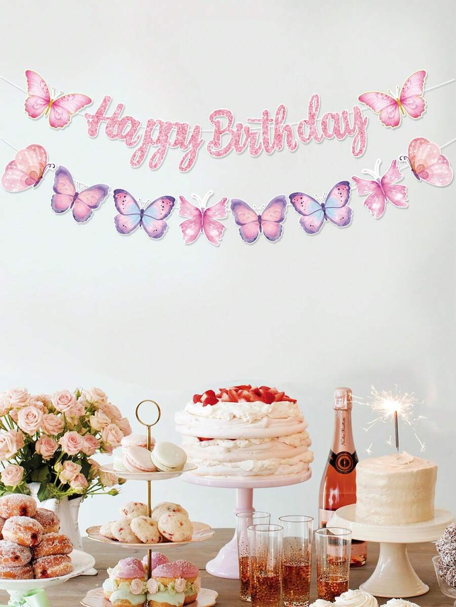 1Set Pink Butterfly Birthday Banner,Happy Birthday Hanging Banner,Butterfly Theme Birthday Party Background Decoration,1st Birthday Party Supplies,Spring Decorations,Birthday Celebration Decor,Babyshower Gender Reveal Party Supplies,Spring Party Decor,Wedding Party Gifts For Guests,Bridal Shower Favors,Holiday Party Decor,Photography Background Decorations