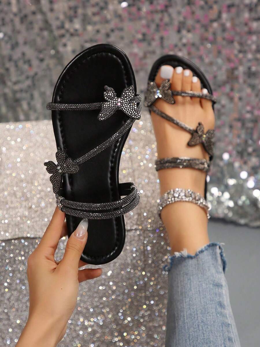 Colorful Crystal Bow Decor Ladies Slippers, French Fashionable Silver Slides Suitable For Dating, Shopping, Party, Banquet, And Commuting,Spring Summer Outfits