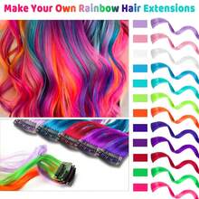 5 PCS Colored Clip In Hair Extensions For Kids 18 Inch Curly Wavy Synthetic Hairpieces Rainbow Neon Party Highlights, Colorful Hair Accessories For Girls Women, Halloween - Multicolor - View 2