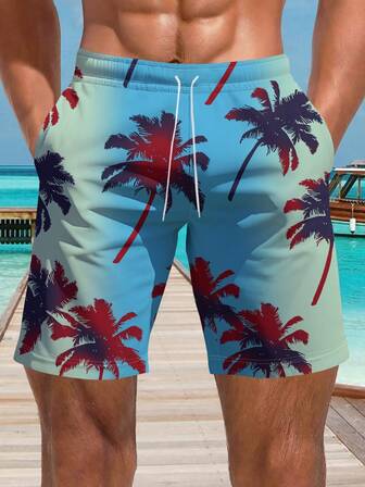 男士度假沙滩短裤，夏季户外椰树渐变印花休闲短裤 - 抽绳速干。夏威夷度假的完美之选