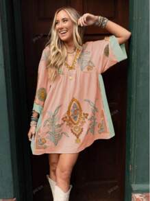 1pc Women Western & Bohemian Style Floral Print Vacation Boho Dress, Suitable For Street, Music Festival, Beach, Summer Casual Outfits