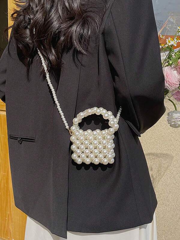Mini Solid Color Beaded Handbag & Crossbody Bag, Stylish Fashion Accessories Mini Bag For Travel