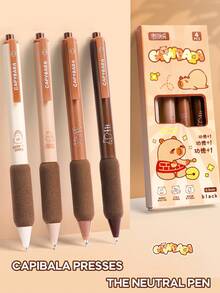 4pcs/Set Capybara, Panda & Strawberry Bear Themed Retractable Gel Pens - 0.5mm ST Nib, Stress-Relief Sponge Grip, Aesthetic & Smooth Writing For School, Office And Daily Use - Black - View 1
