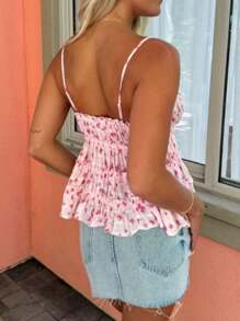 Women Summer Camisole Casual Floral Print Ruched Spaghetti Straps Tank Tops Sleeveless T-Shirt For Club Streetwear