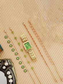 5pcs/Set New Elegant Minimalist Roman Numeral Rectangular Octagon Green Dial Ladies Watch With Floral Bracelet Set, Mother's Day Gift