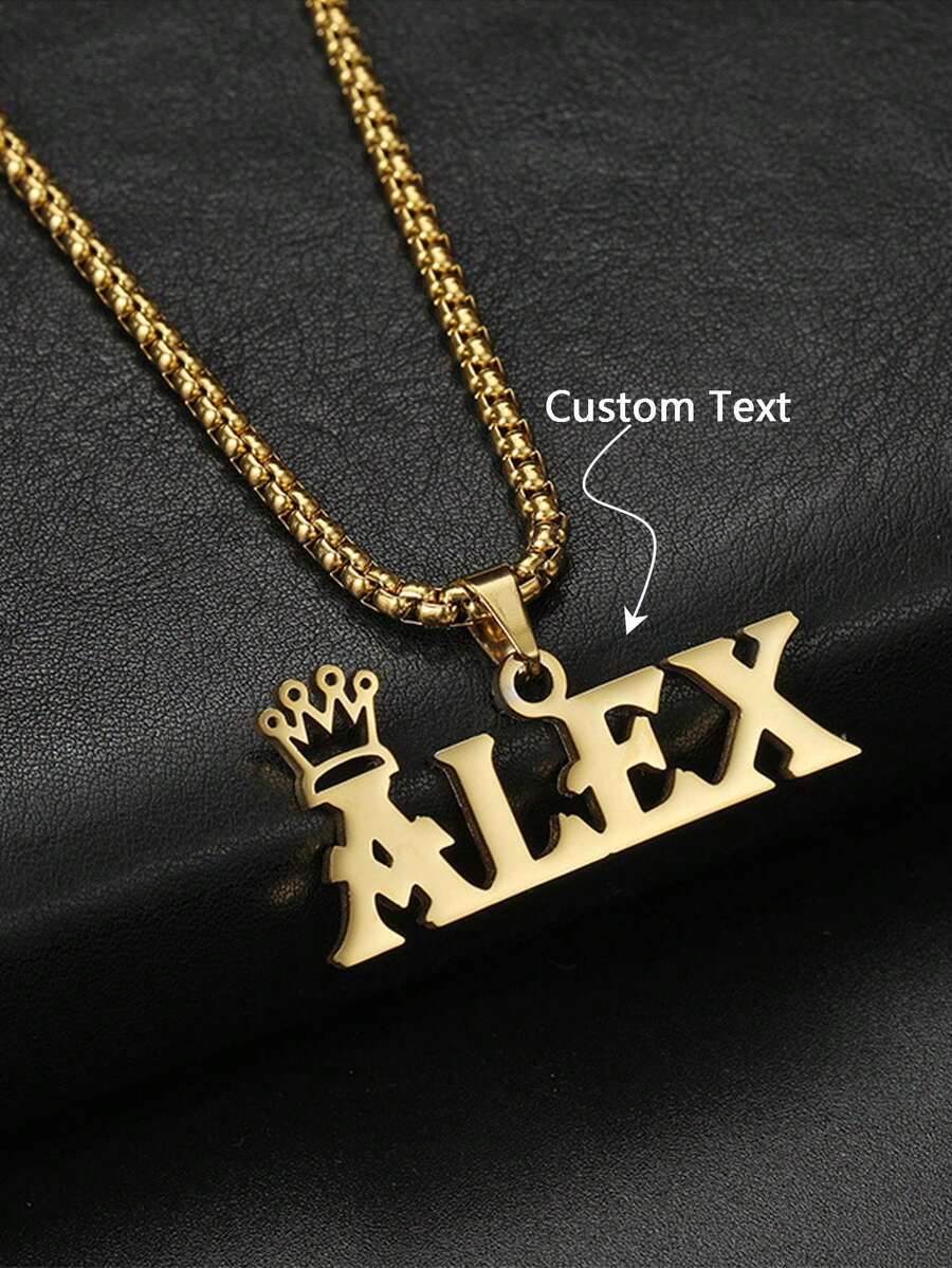 1PC Personalized Boys And Girls Simple DIY Name Stainless Steel Necklace, Custom Crown And Name Pendant Necklace,Customized For Delicate Gift For Kids, Baby Shower,Back To School Gift Ideas Boy Girl Valentine's Day,Kids,Urban Gala,Modern,Colorful,Cute - Gold - View 1
