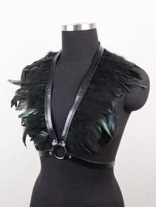 ROMWE Grunge Punk 1pc Black Feather Harness Belt For Women Gothic Feather Shawl Strap Tiara, Witch, Festival Outfit Beach Party Cosplay Props Dancer, Rave ,Outdoor Music Festival Dress