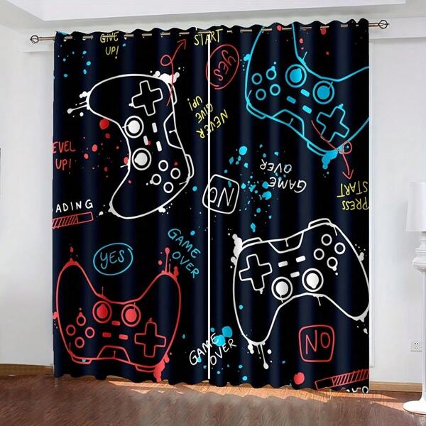 2 stuks gamegordijnen - kleurrijk gamecontrollerontwerp geschikt voor tieners en gamers - doorschijnende polyestergordijnen - geperforeerde gordijnen perfect voor slaapkamer- en woonkamerdecoratie