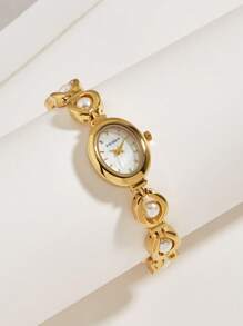 1 Pc Elegant Oval French-Style Women's Pearl Strap 30M Waterproof Pearl Dial Quartz Wrist Watch, Suitable For Daily Wear And Social Gatherings