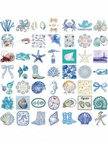 50PCS Ocean Stickers, Sea Animal Stickers, Blue Stickers, Beach Stickers, Aesthetic Stickers, Blue Stickers Cartoon Graffiti Label Stickers For Laptop, Car, Skateboard, Bottles, Scrapbook, Computer, Phone, Gift