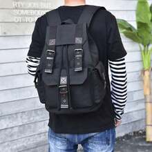 Retro Canvas Backpack For High School And College Students; Leisure Computer Travel Bag With Drawstring And Double Straps - Black - View 7