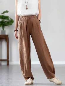 Loose High Waisted Wide Leg Lantern Pants, Slimming Effect - Khaki - View 4
