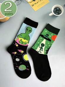 2 Pairs Assorted Alien & Spaceship Series Mid-Calf Socks, Comfortable Fashionable Versatile Fabric For Spring/Summer, Fall