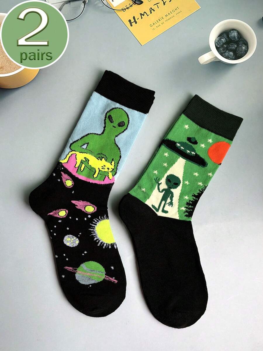 2 Pairs Assorted Alien & Spaceship Series Mid-Calf Socks, Comfortable Fashionable Versatile Fabric For Spring/Summer, Fall