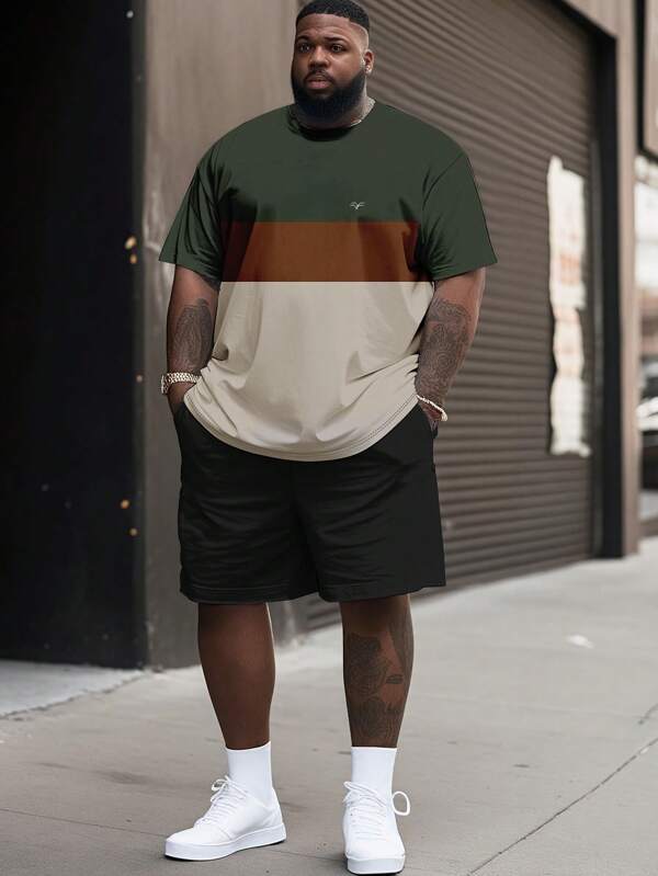 Plus Size Men's Letter Print Round Neck Short Sleeve Casual T-Shirt And Drawstring Waist Shorts 2 Pieces Set, Summer