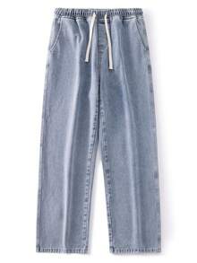 High-End Minimalist Versatile Straight Leg Washed Jeans, Drawstring Elastic Waist Casual Pants, All Season - Baby Blue - View 6