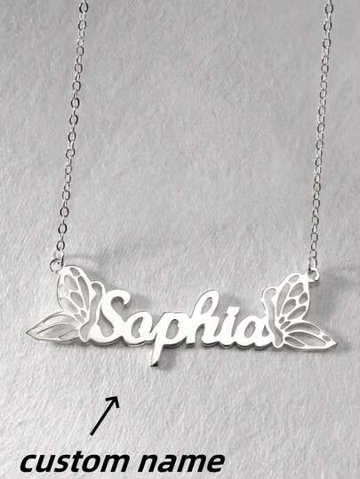 1pc Customized Stainless Steel English Letter & Bowknot Pendant Necklace, Personalized Cute Name Tag, Best Daily Accessory