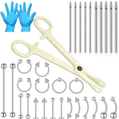 Set de 32 piezas de herramientas para perforación corporal que incluye 1 pinza para perforar, 10 agujas de perforación de acero inoxidable y 20 joyas de perforación para oreja, labio, ombligo y lengua