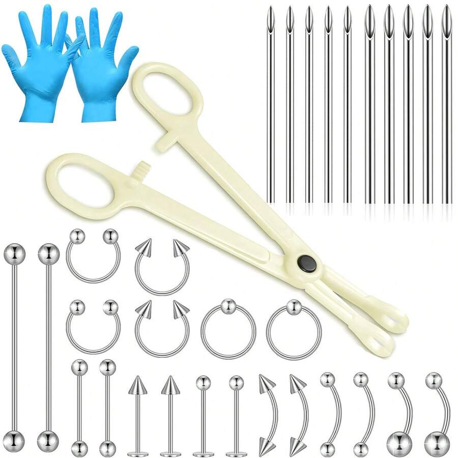 Set de 32 piezas de herramientas para perforación corporal que incluye 1 pinza para perforar, 10 agujas de perforación de acero inoxidable y 20 joyas de perforación para oreja, labio, ombligo y lengua - Plateado - Ver 1