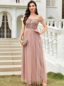 CHOSMO 优雅纯色正式礼服，针织面料，露背设计，网纱拼接，亮片点缀，适合舞会、婚礼、生日派对、周年纪念、毕业派对、音乐节、正式晚宴、摄影、毕业舞会、舞台表演和音乐会等场合。 - 藕粉色 - 查看 7