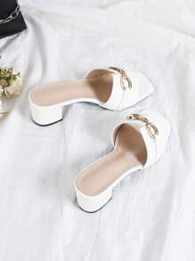 Chunky Heel Versatile Slip-On Minimalist Metal Buckle Women Sandals, Elegant Open Toe White High Heel Sandals