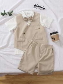 [2025 Frühling & Sommer Kindermode leichter Formeller Anzug] Jungen 3 Stücke Anzug Set: Weißes Hemd mit Kragen + Khaki Weste + Khaki Shorts mit Fliege, Kinder Casual Anzug, Party/Outdoor Performance Mode, atmungsaktiver leichter formeller Kinderanzug, Frühling/Sommer Bankettbekleidung, Jungenanzug für Hochzeit