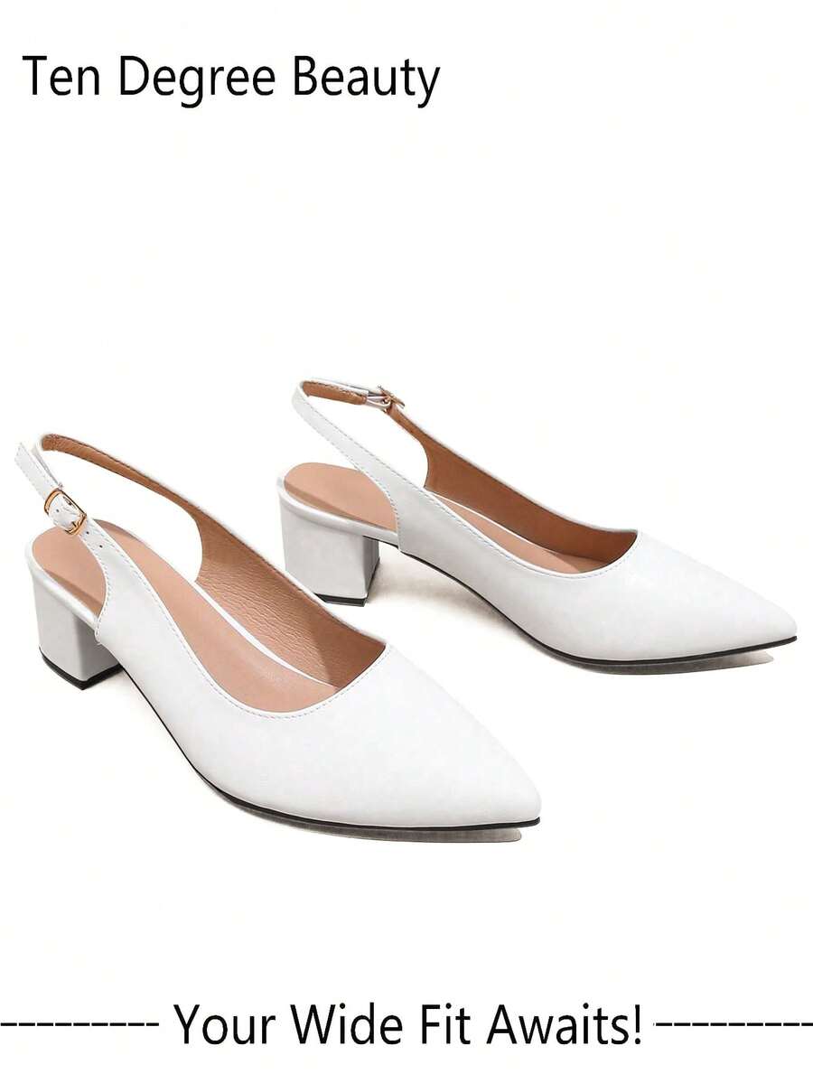 Wide Fit Women's Summer Thick Heel Closed Toe Sexy Pumps, 2025 New Elegant Slingback Pointed Toe High Heels, Versatile - White - View 1