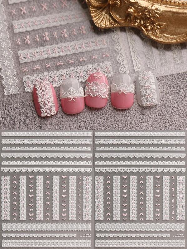 2pcs French Retro Lace Embossed Nail Stickers, Black And White Ins Style Nail Stickers, High-End Nail Decorative Art Art Nail Stickers, Trimmed Lace Lace + Three-Dimensional Bow, Suitable For Transparent/Naked Powder Nail Pieces, Party/Wedding/Day Luxury Must Prepare, Holiday Gifts