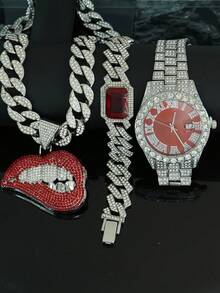 1 套男士合金嘻哈项链,带性感唇形吊坠,Cubanlink 项链和手链手表套装,时尚个性化 - 性感嘴唇吊墜項鍊 - 查看 9