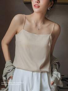 Camisole [Camisole With Cups] Satin Underwear Inner Blouse Tops Tank Top Satin Slip Layering Shiny Office Sexy Elegant Formal - 香檳色 - 查看 5