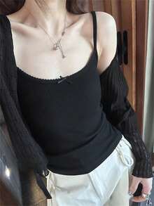 系带开衫透视镂空长袖针织毛衣，短款上衣，适合返校季 - 黑色 - 查看 5