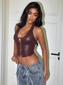 Yuwenier Y2K Punk V Neck Grommet Eyelet Tie Front Corset Crop Halter Top Backless PU Leather Shapewear Tops Concert