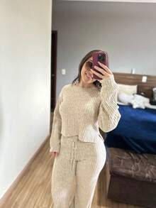 Ribbed Mousse Knit Set Confy Comfortable Autumn Winter Casual Basic - Beige - View 2